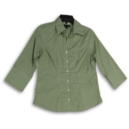 Womens Green Plaid Spread Collar 3/4 Sleeve Button-Up Shirt Size 4