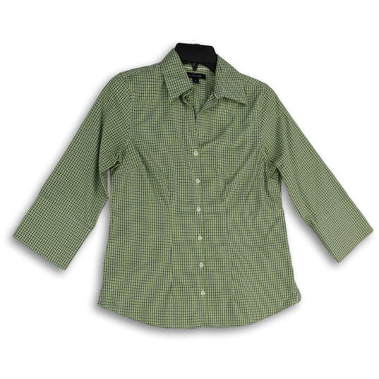 Womens Green Plaid Spread Collar 3/4 Sleeve Button-Up Shirt Size 4 image number 1