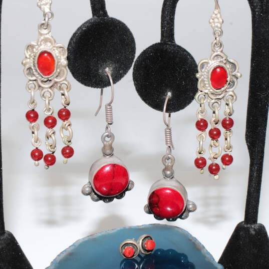 Bundle Of 3 Sterling Silver Red Accent Earrings - 20.3g image number 1