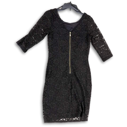 Womens Black Floral Lace 3/4 Sleeve Round Neck Back Zip Sheath Dress Size 6 image number 1