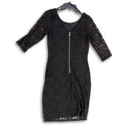 Womens Black Floral Lace 3/4 Sleeve Round Neck Back Zip Sheath Dress Size 6