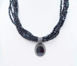 Judith Jack Designer 925 Marcasite & Black Faceted Glass Multi Strand Pendant Necklace 67.9g
