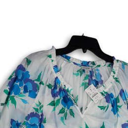 NWT Womens White Blue Floral Split Neck Long Sleeve Pullover Blouse Top Size XL