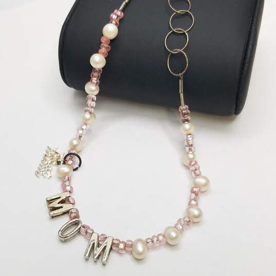 Sterling Silver Pink Bead & FW Pearl Best Mom 17inch Necklace 13.6g image number 3