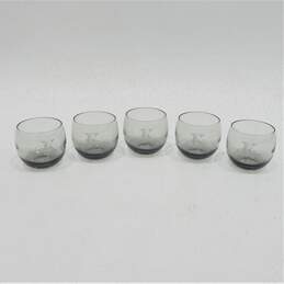 Vintage MCM Smoky Gray Glass Etched K Monogram Roly Poly Bar Glasses Set of 5
