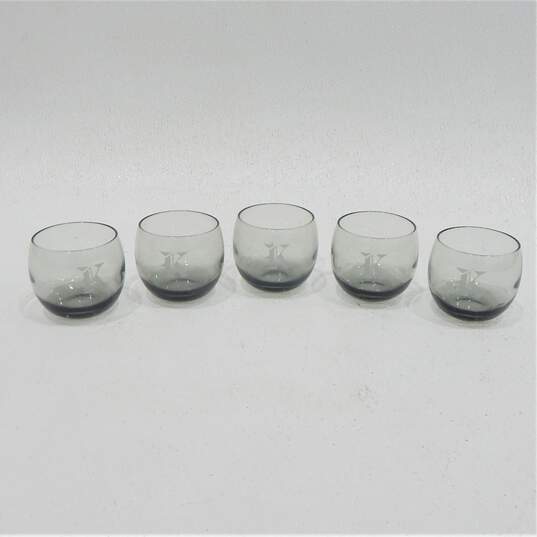 Vintage MCM Smoky Gray Glass Etched K Monogram Roly Poly Bar Glasses Set of 5 image number 1