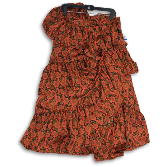 NWT Womens Orange Floral Ruffled Tiered Side Zip Midi A-Line Skirt Size XL image number 1