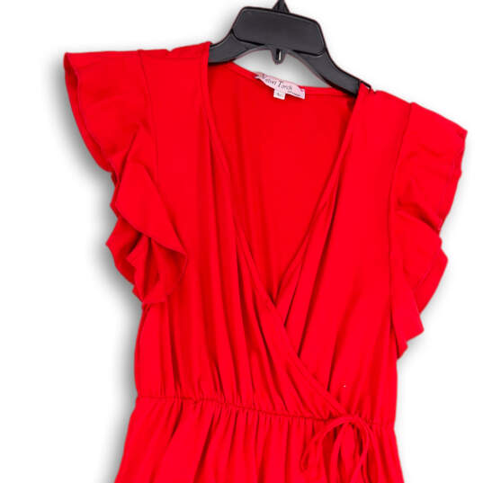 Womens Red V-Neck Cap Sleeve Tie Waist Pullover Sheath Dress Size Large image number 3