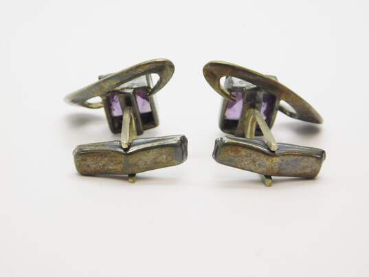 Vintage Enrique Ledesma Taxco Mexico 925 Modernist Purple Color Change Sapphire Faceted Rectangle Abstract Swirl Cuff Links 15.9g image number 3