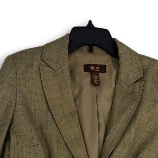 Mens Tan Plaid Peak Lapel Single Breasted Two Button Blazer Size 12 image number 3