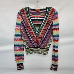 AUTHENTICATED MISSONI V-NECK CROPPED RAINBOW CROCHET KNIT SWEATER
