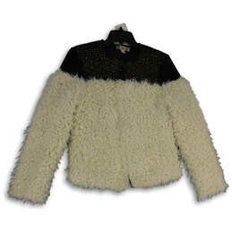 Womens White Black Faux Fur Embellished Long Sleeve Jacket Size Medium