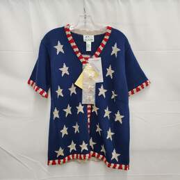 NWT VTG Quacker Factory WM's 4th of July Star Spangle Banner Short Sleeve Cardigan Sweater Size L / With Cover Buttons