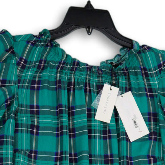 NWT Womens Green Blue Plaid 3/4 Sleeve Back Keyhole Blouse Top Size S image number 3