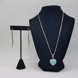 Sterling Silver Larimar Heart Pendant 20 Inch Necklace Dangle Earrings 13.6g