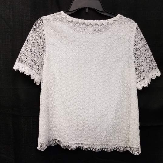 Womens White Lace Short Sleeve Round Neck Pullover Blouse Top Size PP image number 2