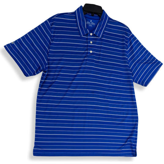 Mens Blue White Striped Collared Button Front Side Slit Polo Shirt Size XL image number 1