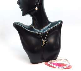 Romantic 925 Figural Dancer Pendant Necklace Pink Pearl Drop Earrings & San Marco Chain Bracelet 21.7g