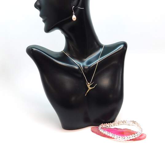 Romantic 925 Figural Dancer Pendant Necklace Pink Pearl Drop Earrings & San Marco Chain Bracelet 21.7g image number 1
