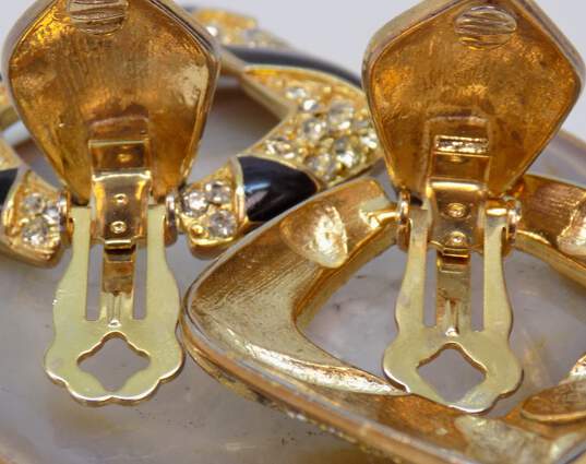 Vintage Bijoux Designs New York Goldtone Icy Rhinestones & Black Enamel Drop Statement Clip On Earrings 32.4g image number 5