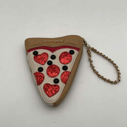 Womens Tan Red Leather Glitter Pizza Slice Zip Fashionable Wristlet Wallet