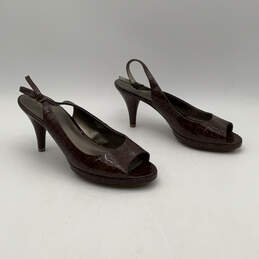 Womens Brown Leather Animal Print Open Toe Buckle Slingback Heels Size 11