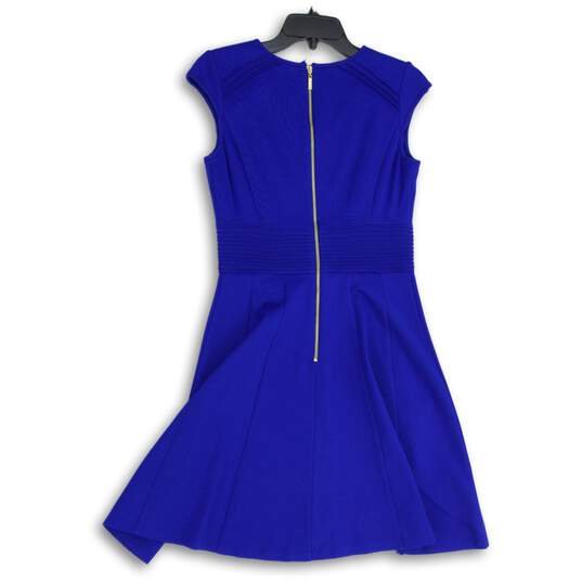 Eliza J Womens Blue V-Neck Cap Sleeve Back Zip Ponte Knit Fit & Flare Dress Sz 4 image number 2