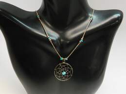 Artisan 925 Sterling Silver Southwestern Inspired Netted Turquoise Pendant Necklace 3.9g