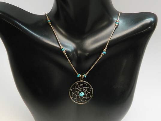 Artisan 925 Sterling Silver Southwestern Inspired Netted Turquoise Pendant Necklace 3.9g image number 1