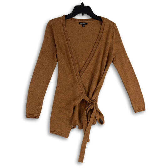 Womens Brown Tight-Knit Long Sleeve Tie Waist Wrap Sweater Size XS image number 1