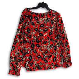 NWT Womens Red Black Floral Long Sleeve Crew Neck Pullover Blouse Top Sz M