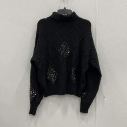 Womens Black Sequin Long Sleeve Turtleneck Pullover Sweater Size Medium