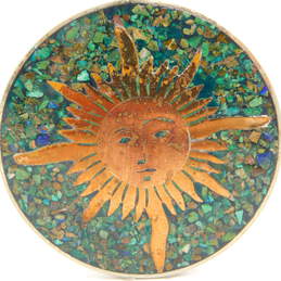Vintage Taxco Mexico 925 & Copper Sun Face Crushed Blue Stone Inlay Circle Pendant Brooch Necklace 18.9g alternative image