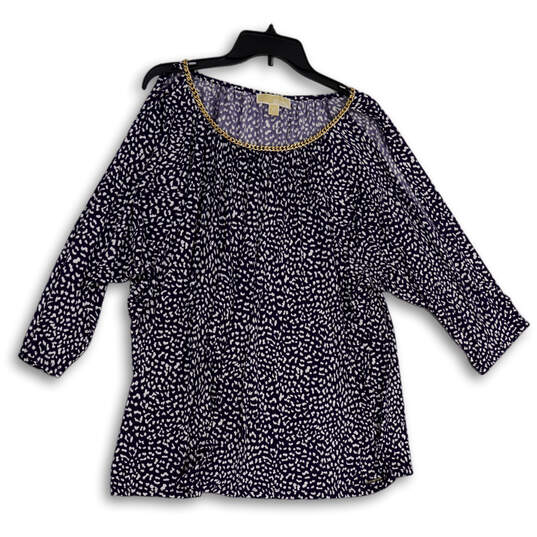 Womens Blue Animal Print 3/4 Sleeve Cold Shoulder Pullover Blouse Top Sz 3X image number 1
