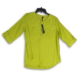 NWT Cathy Womens Green Patch Pocket Roll Tab Sleeve Blouse Top Size Large