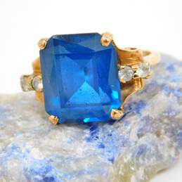 Vintage 10K Yellow Gold London Blue Topaz & Clear Quartz Accented Statement Ring 5.8g