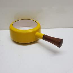 Yellow Enameled Lidless 7in x 3in x 12in Sauce Pot w/ Upper Lip and Wooden Handle