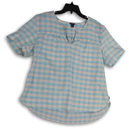 Womens Blue Check Split Neck Short Sleeve Pullover Blouse Top Size X-Large