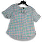 Womens Blue Check Split Neck Short Sleeve Pullover Blouse Top Size X-Large image number 1