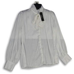 NWT Womens White Long Sleeve Tie Neck Button Front Blouse Top Size L