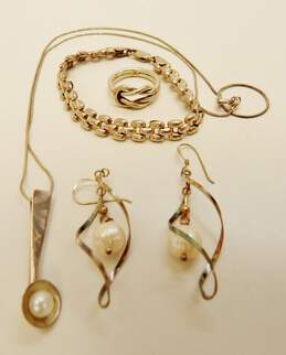 Artisan 925 Pearl Pendant Necklace & Earrings w/ Chain Bracelet & Knot Ring24.4g