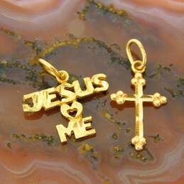 14K Yellow Gold Etched Cross & Jesus Loves Me Pendants 0.9g