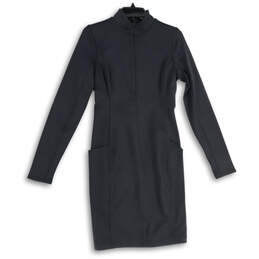 Womens Black Long Sleeve Mock Neck Front Zip Sheath Dress Size Small