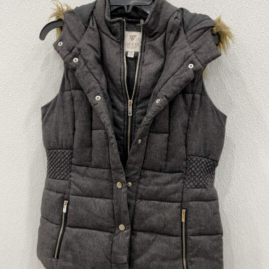 Womens Gray Pockets Faux Fur Hooded Full-Zip Puffer Vest Size Medium image number 1