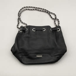 Womens Black Leather Semi Chain Strap Drawstring Bucket Bag Purse