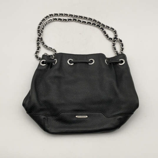 Womens Black Leather Semi Chain Strap Drawstring Bucket Bag Purse image number 1