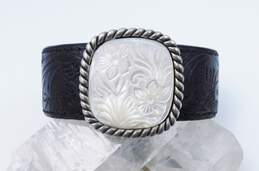 Carolyn Pollack 925 Floral Carved Mother Of Pearl Stamped Leather Cuff Bracelet 40.2g