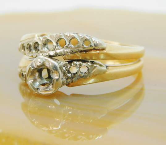 Vintage 14K Two Tone White & Yellow Gold Bridal Ring Setting 4.2g image number 2