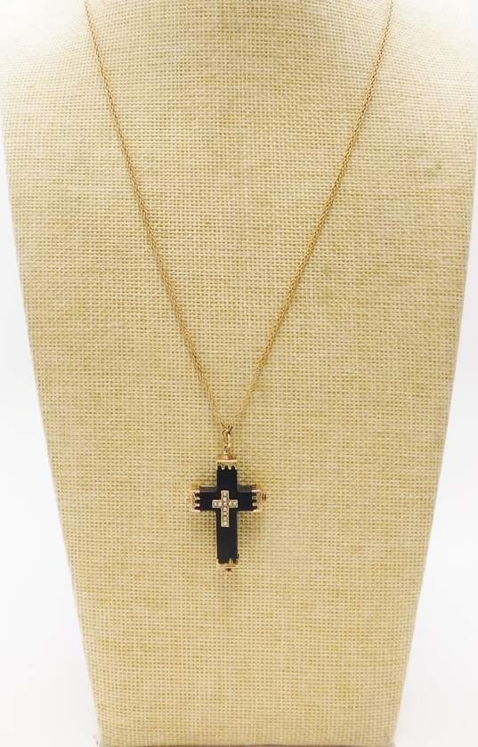 Vintage 10k Yellow Gold Faux Onyx Seed Pearl Cross Pendant Necklace 8.6g image number 2