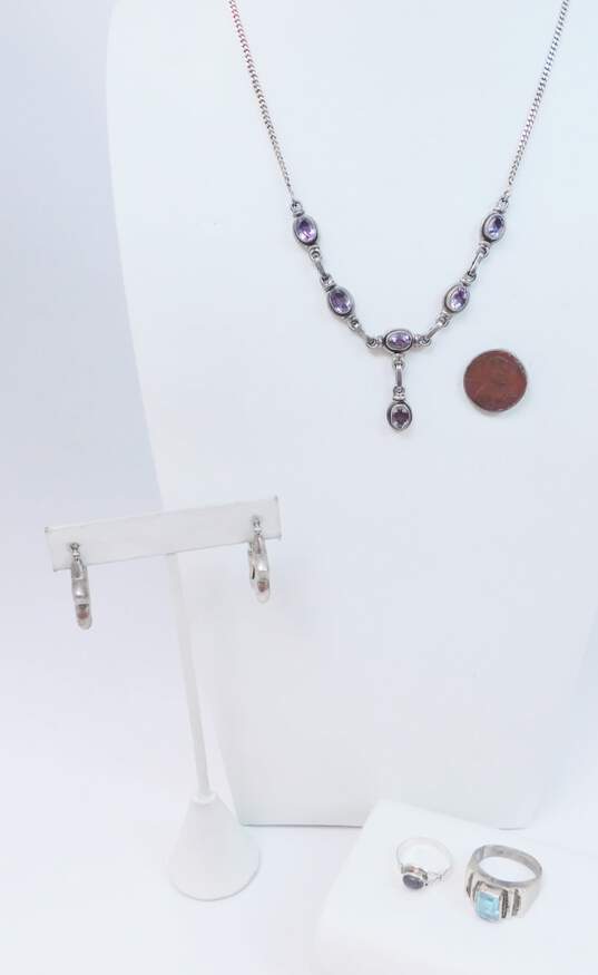 Artisan 925 Sterling Silver Star Hoop Earrings Amethyst Pendant Necklace & Blue Topaz & Labradorite Rings 30.6g image number 6